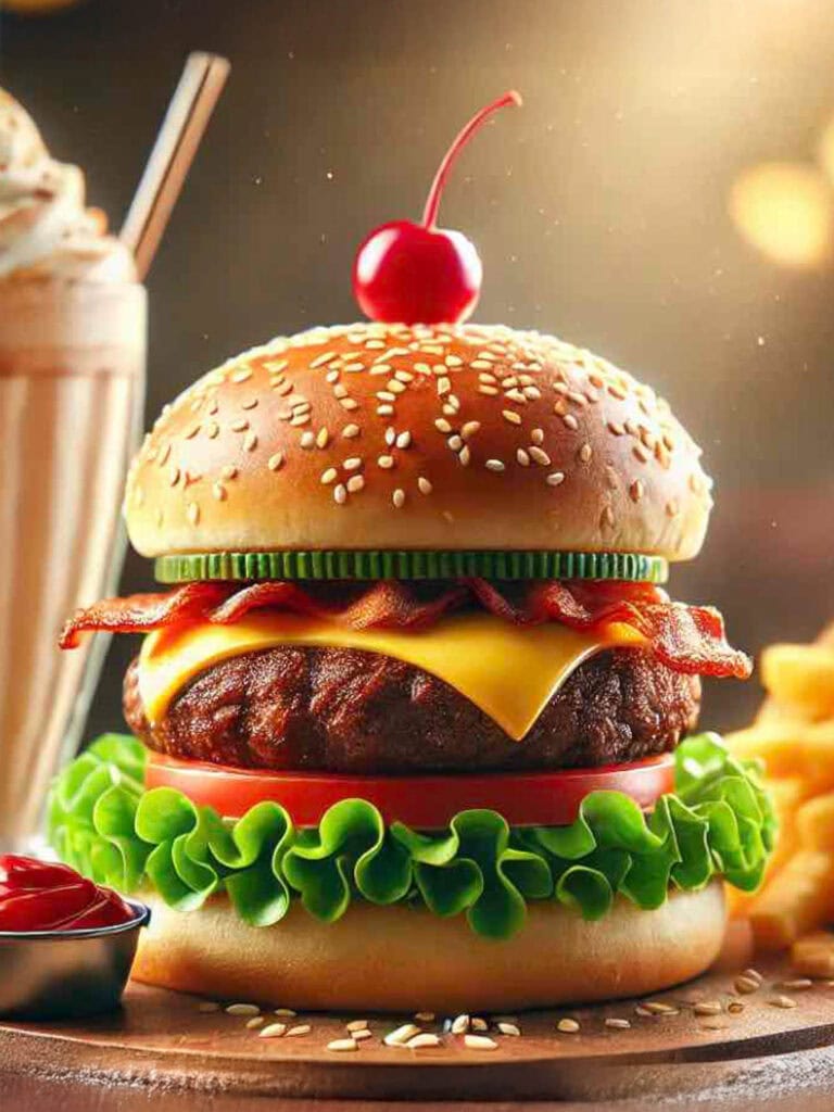 AI food photography Fresh gourmet burger with lettuce, tomato, cheese, bacon, and a sesame seed bun, topped with a cherry, perfect for food photography.