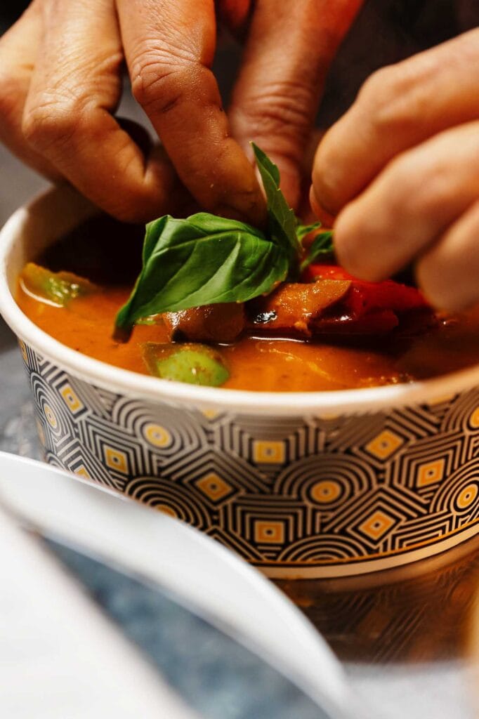Up of hands garnishing a rich vegetable curry with fresh basil leaves in a patterned bowl, showcasing colourful ingredients and detailed textures.